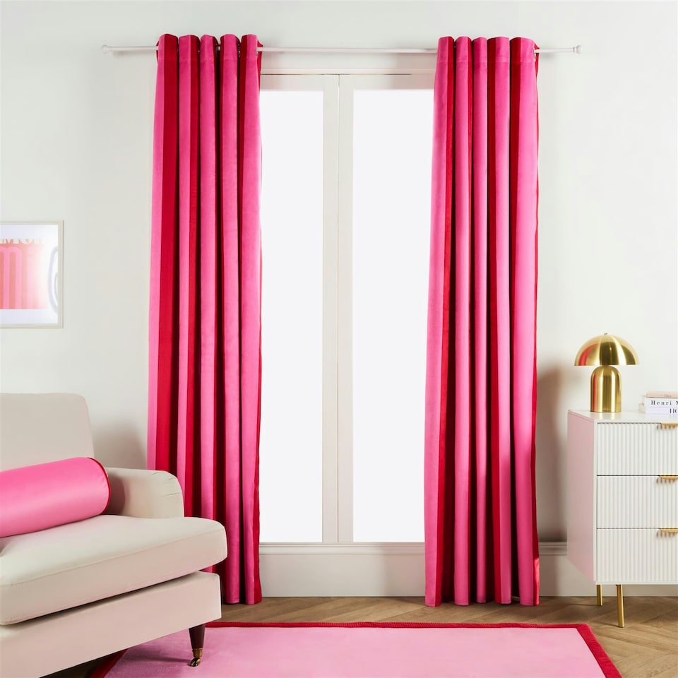 image 1 of OHS Stripe Print Ultra Blackout Panel Pair Eyelet Curtains, 66x90" Pink