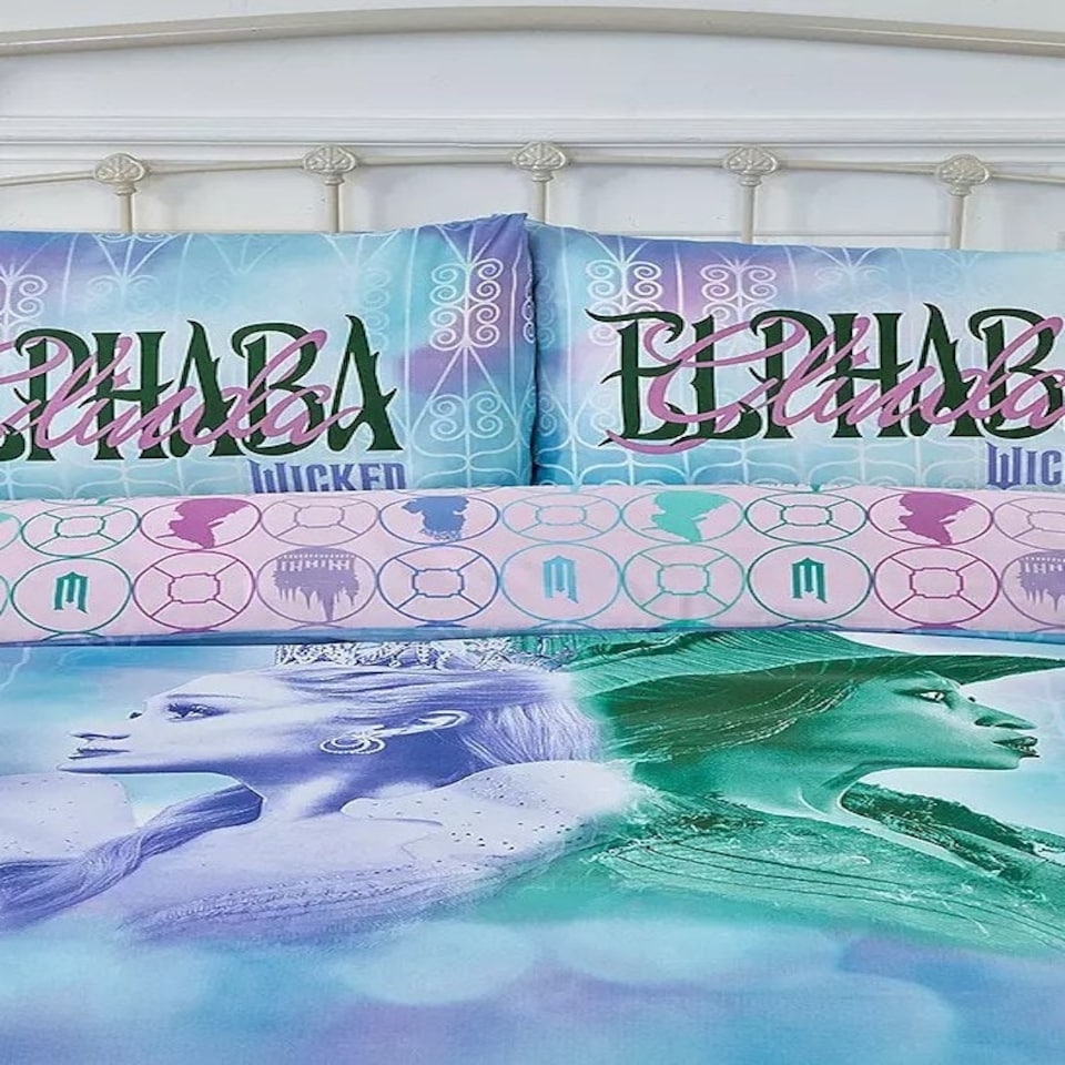 image 1 of Wicked Glenda & Elphaba Reversible 2 in 1 Design Double Duvet Cover and Pillowcase Set - Wicked For Good Blue | green, pink | Double