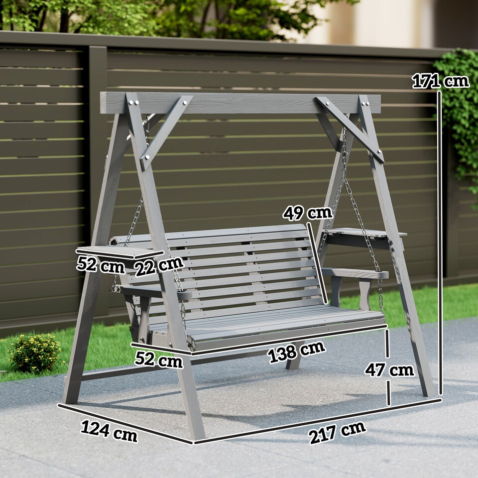 image 1 of Outsunny 3 Seater Wooden Garden Swing Chair with Side Tables, Dark Grey | Grey | Dark Grey | L