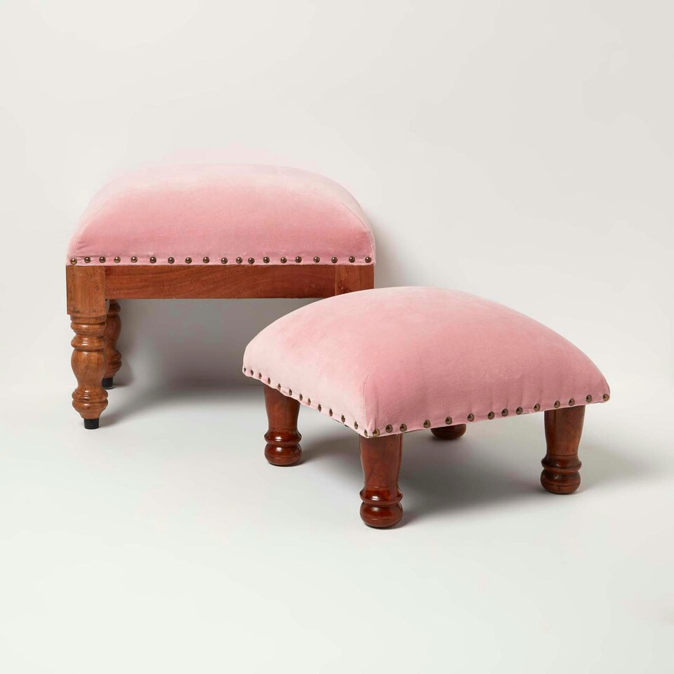 image 1 of Homescapes Mable Pink Velvet Square Footstool