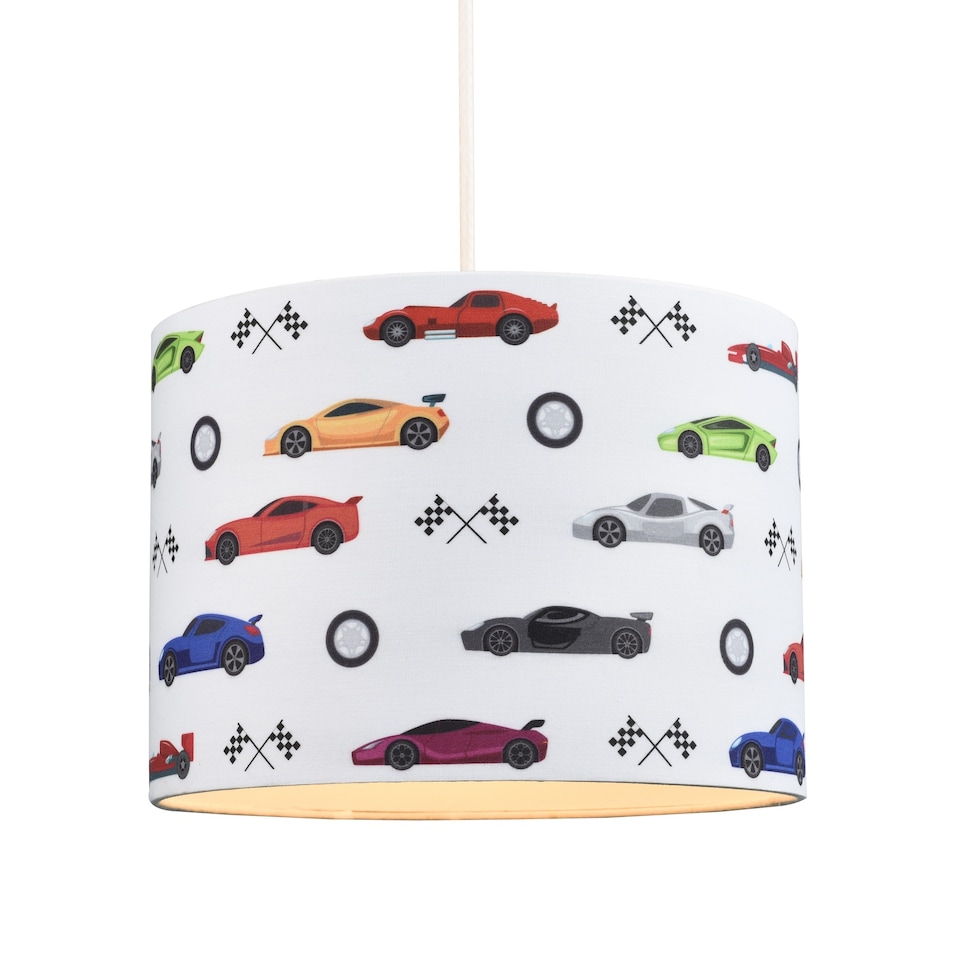 image 1 of Modern and Colourful Racing Cars Kids Cotton Fabric Round Drum Lamp Shade - 25cm | Multi | 10"