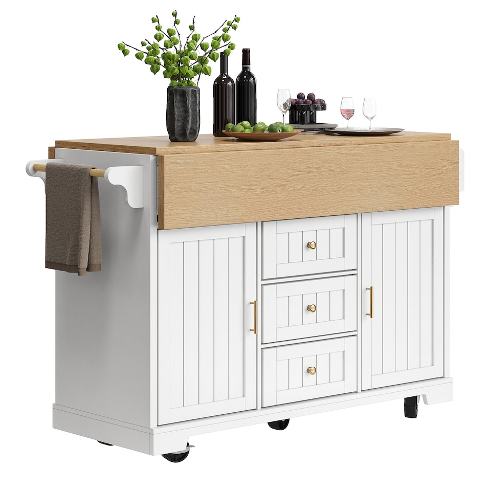 image 1 of VILUXE Kitchen island, cabinet, sideboard 120 x 40 (80) x 95 cm, extendable kitchen trolley with casters, extendable on both sides, with towel rail and spice rack, two doors, three drawers, black/white
