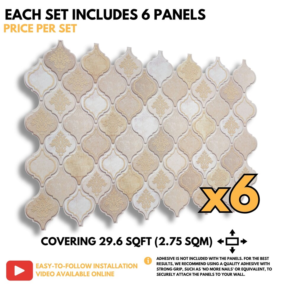 image 1 of NOVECRAFTO 3D Tile Effect Wall Panels – Cream Gold Arabesque Design with Glitter – Set of 6 PVC Sheets – 2.78m² (29.96sqft) – Kitchen & Bathroom Cladding