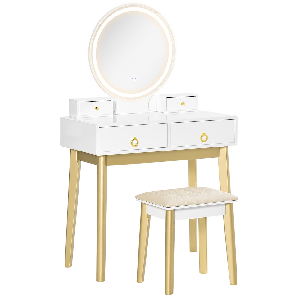 image 1 of HOMCOM Dressing Table Set with Mirror, Built-in 3 Color LED Light, Vanity Makeup Table with 4 Drawers and Cushioned Stool for Bedroom, White
