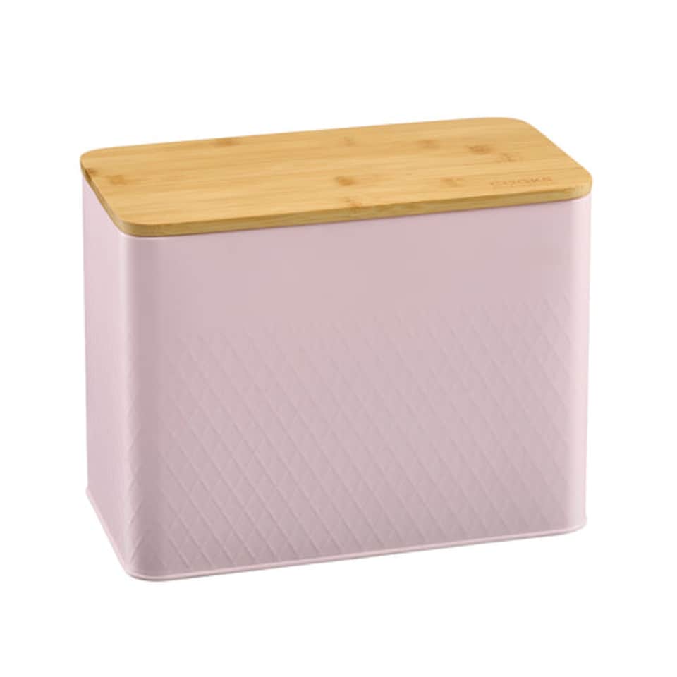 image 1 of Cooks Professional Diamond Pattern Bread Bin with Linen Bag & Bamboo Cutting Board Lid | Pink | Pink | 1