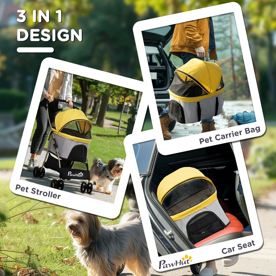 image 1 of PawHut 3 In 1 Pet Stroller, Detachable Dog Cat Travel Carriage - Yellow