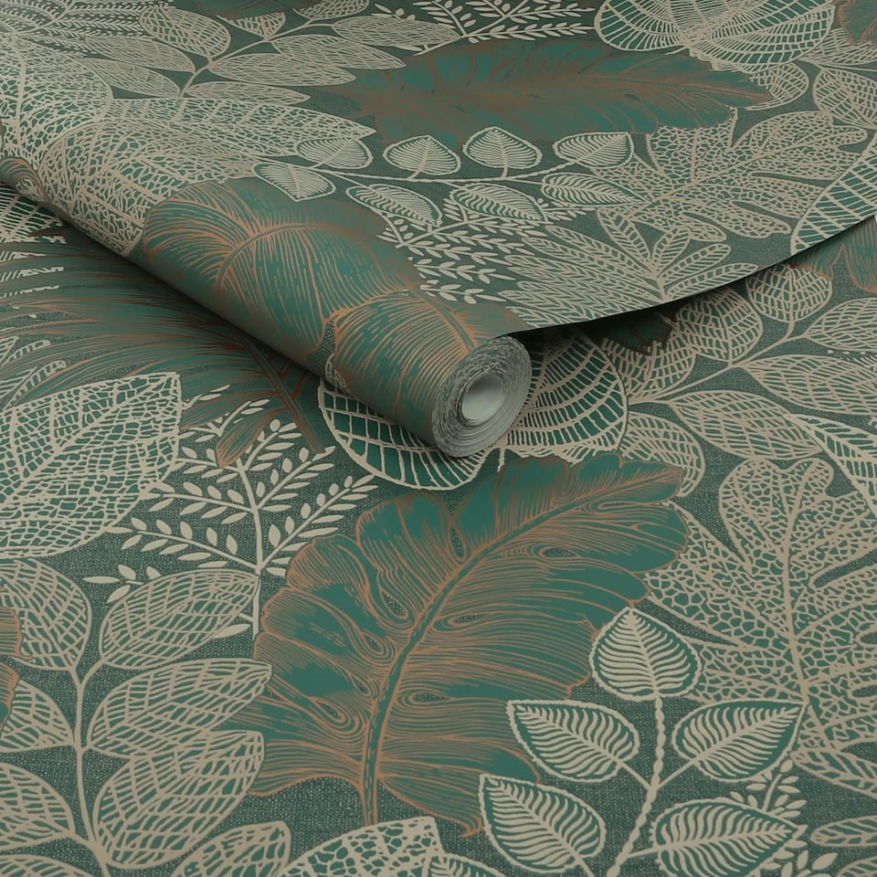image 1 of Superfresco Easy Scattered Leaves Forest Green Wallpaper | Green | Copper | 10m Length x 52cm Width