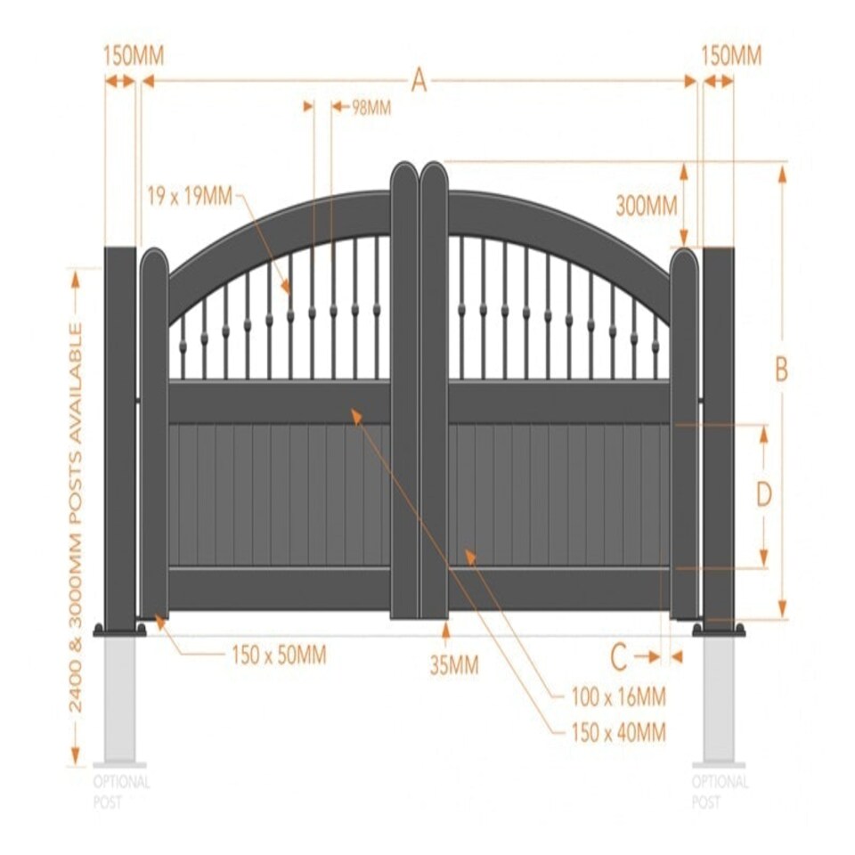 image 1 of Double Swing Gate 4500x1800mm Black - Vertical Solid Infill, Bell-Curved Top Black