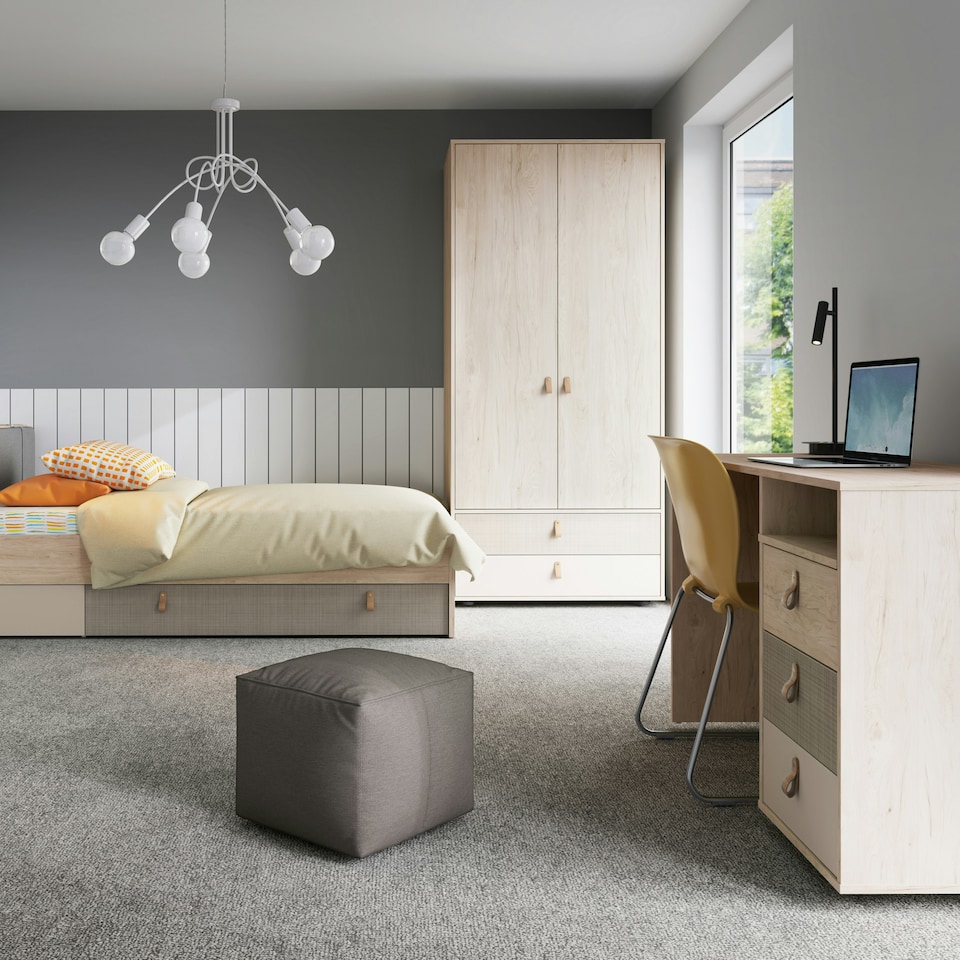 image 1 of Denim 90cm Bed with 1 Drawer in Light Walnut, Grey Fabric Effect and Cashmere