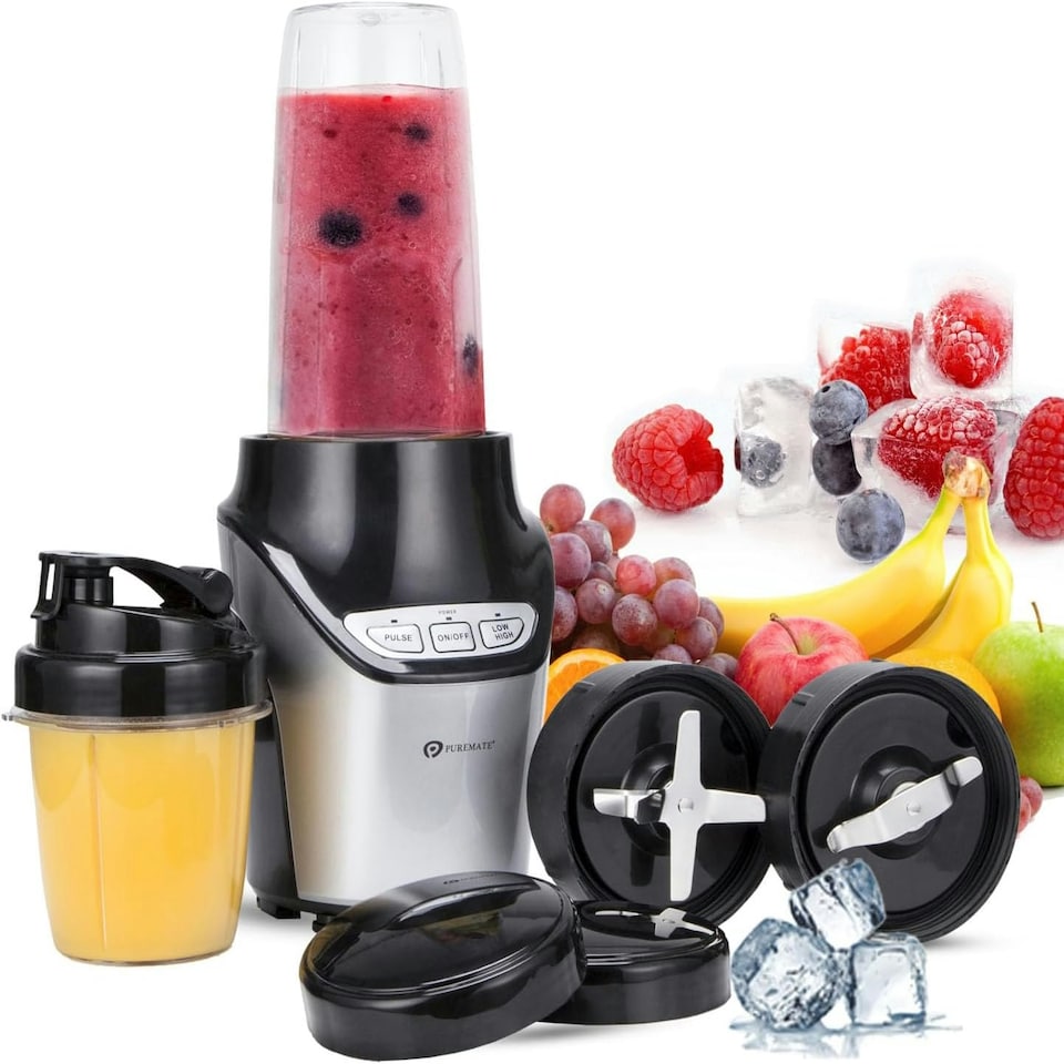 image 1 of PureMate Smoothie Maker and Blender, 1000 Watts, 8 Piece Set, 3 Speed Settings, Stainless Steel Blades Silver