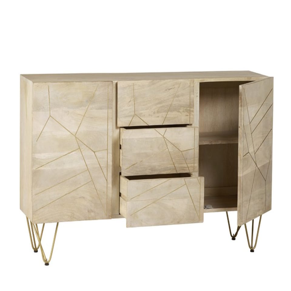 image 1 of Light Gold Extra Large Sideboard 3 Drawers And 2 Doors - Solid Mango Wood - L40 x W160 x H85 cm | Brown