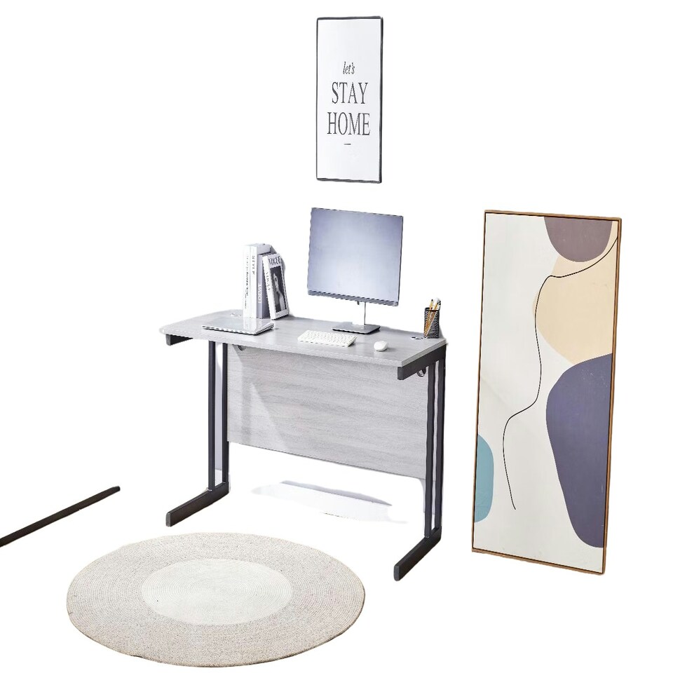 image 1 of Grey Office Desk Wooden Room Furniture with Sturdy Iron Legs for Home, Study, and Office Grey