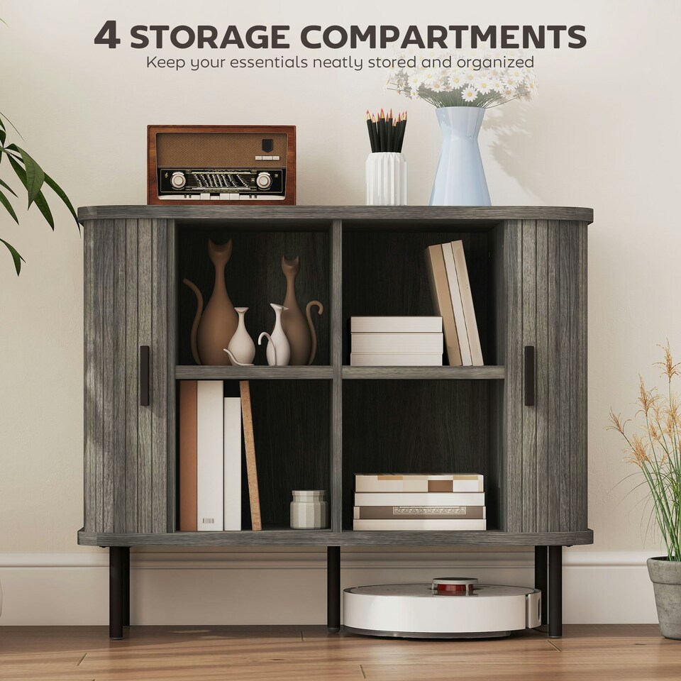image 1 of HOMCOM Sideboard Storage Cabinet with Slatted Tambour Sliding Doors Grey Grey | Black