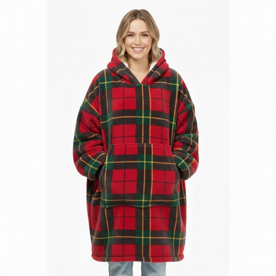 Unisex Tartan Check Fleece Hoodie Soft Warm Stylish Winter Loungewear | Red