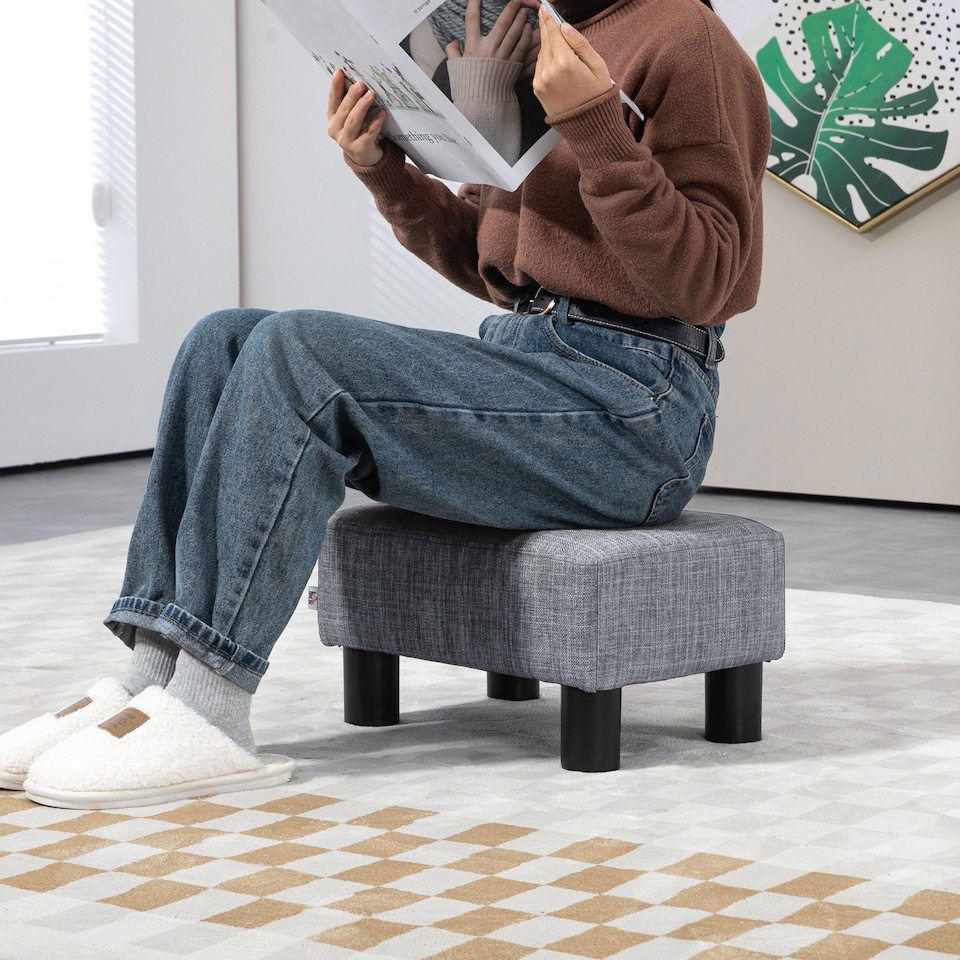 image 1 of HOMCOM Chic Linen Fabric Footstool Ottoman Cube with 4 Plastic Legs Grey