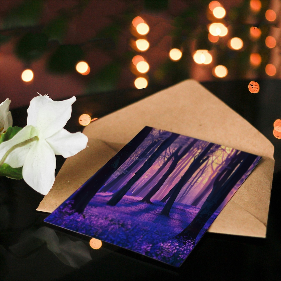 image 1 of Realistic Purple Bluebell Forest Dawn Sun Him Her Birthday Card