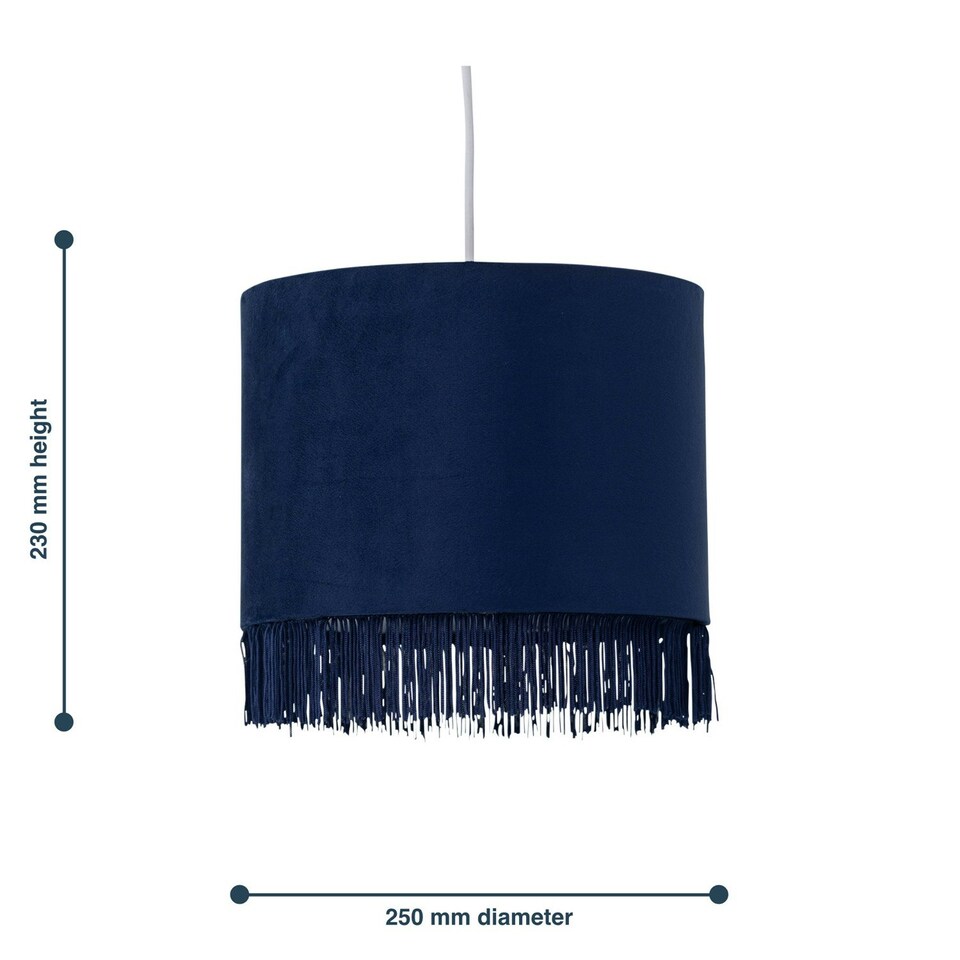 image 1 of First Choice Lighting Set of 2 Tassel Navy Blue Velvet with Chrome Inner Easy Fit 25cm Pendant Shades Blue | Chrome