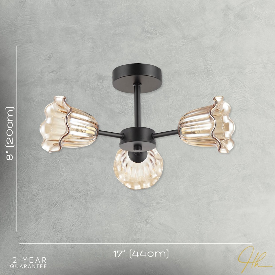 image 1 of Designer Matte Black Ceiling Light with Amber Floral Glass Shades