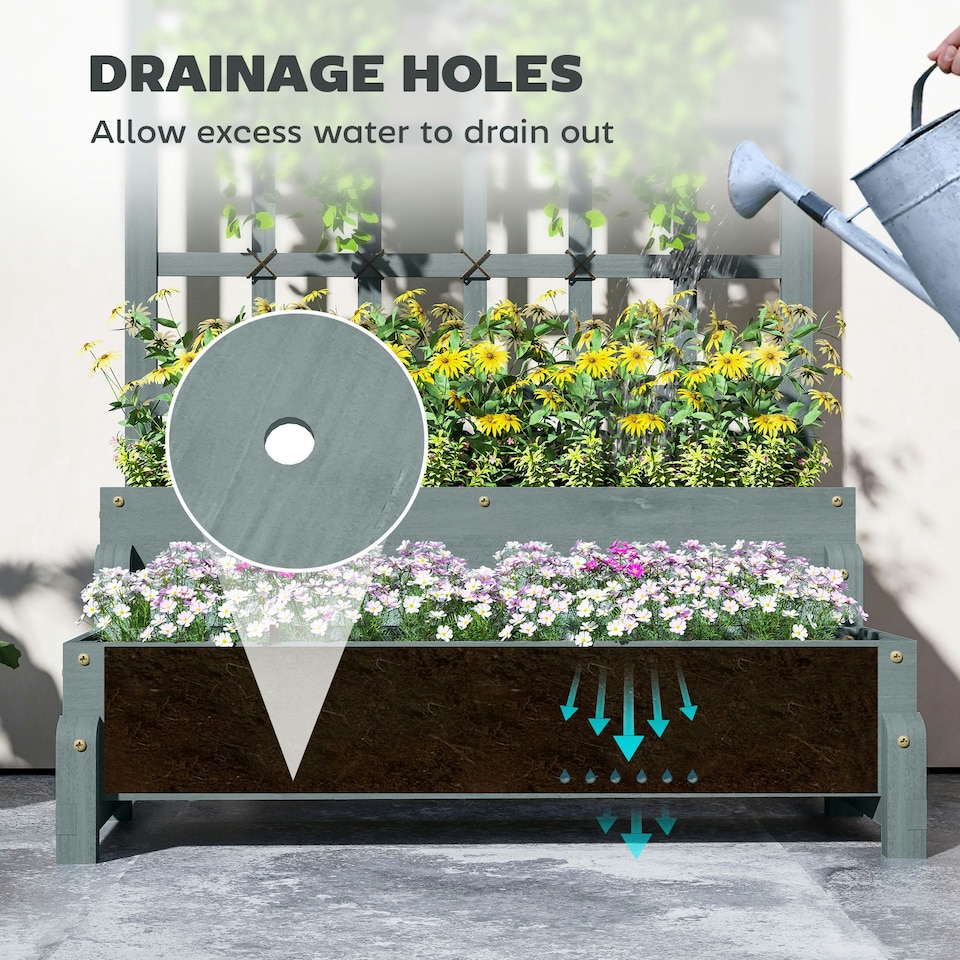 image 1 of Outsunny 2-Tier Wooden Raised Bed with Trellis and Drainage Holes, Brown 