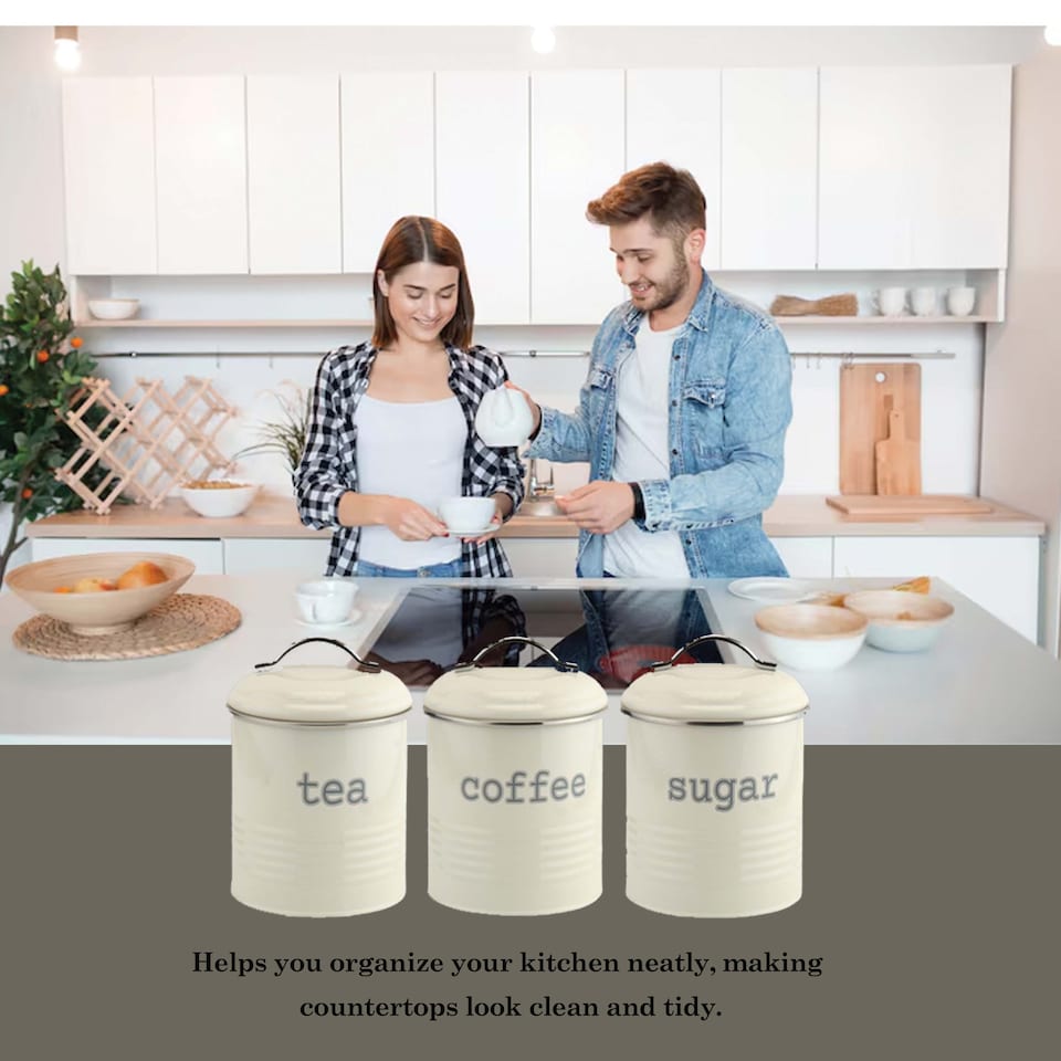 image 1 of Apollo Round Cream Kitchen Storage Canister Set of 3 Airtight Tea Coffee Sugar Containers Farmhouse Style Jars with Lids