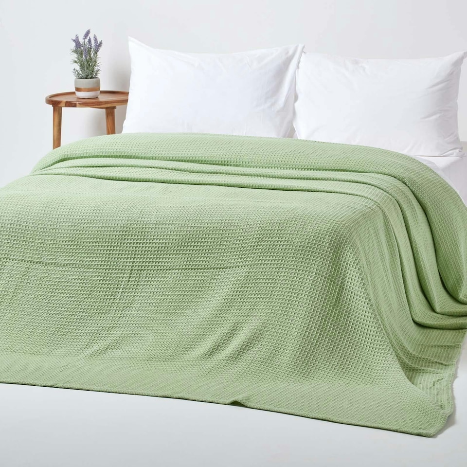 image 1 of Homescapes Organic Cotton Waffle Blanket/ Throw Sage Green - 250 x 230 cm