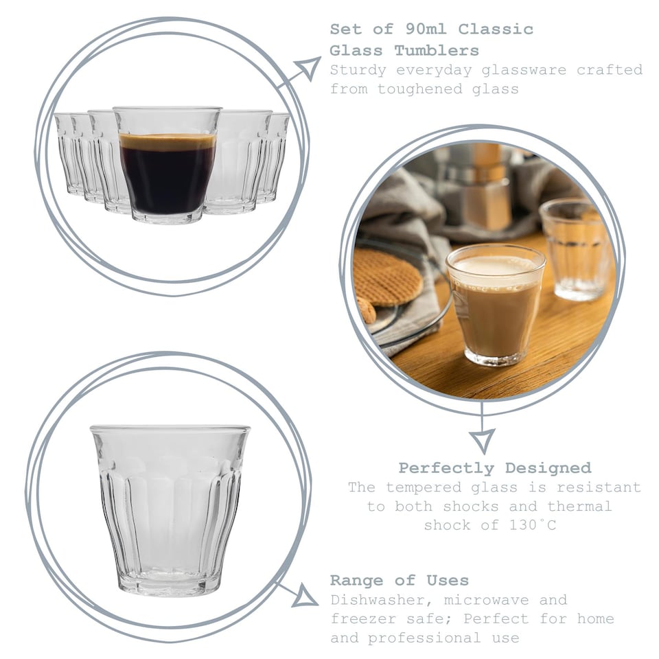 image 1 of Duralex Picardie Shot Glass Espresso Cups - 90ml Drinking Glasses - Clear - Pack of 6 | Clear | Clear