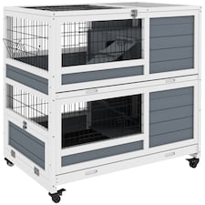 PawHut Rabbit Hutch, Indoor Wooden House w/ Wheels, Trays, Grey