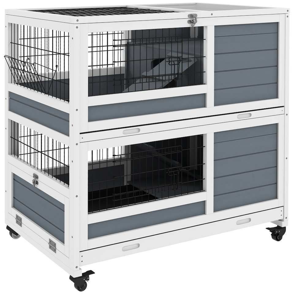 image 1 of PawHut Rabbit Hutch, Indoor Wooden House w/ Wheels, Trays, Grey