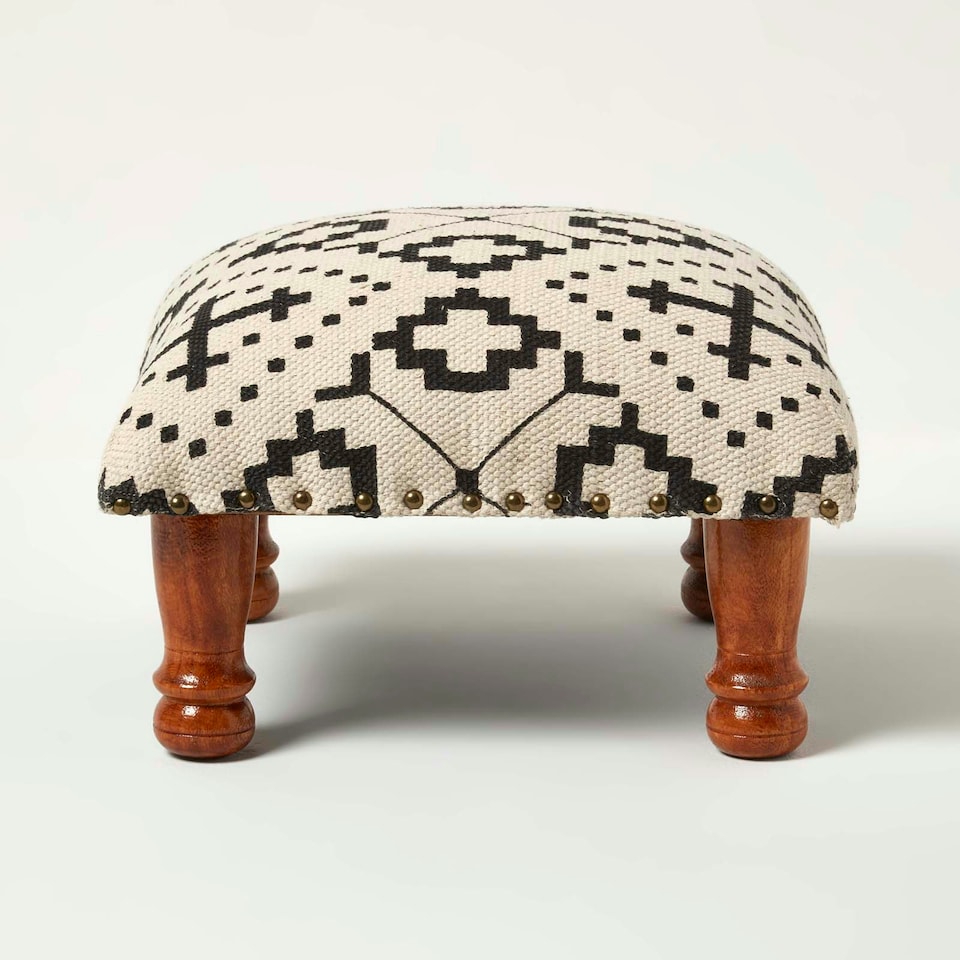 image 1 of Homescapes Reva Black Geometric Footstool - 40 x 40 x 25 cm