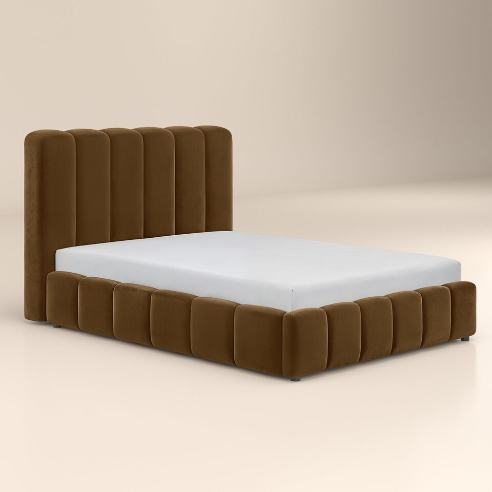 image 1 of SOLACE+CO Emilie Ribbed Ottoman Kingsize Bed Brown Velvet