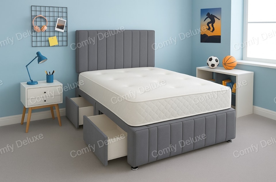 Grey Plush 4ft6 Double  Divan Bed Set Headboard & Footboard - 2 Drawers Left Side Laying in Bed