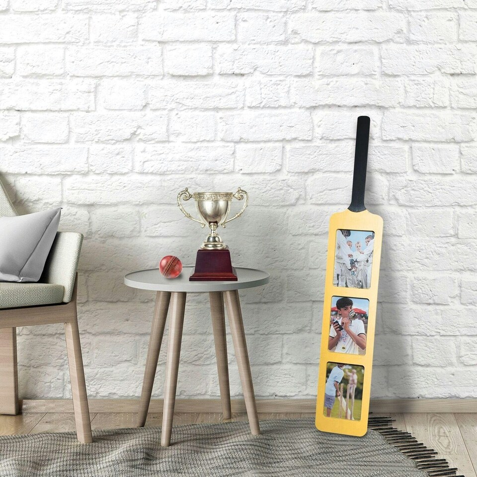 image 1 of Cricket Bat Photo Frame ? Holds Three 6x4? Photos ? Wall-Mounted or Freestanding Display ? Unique Gift for Cricket Fans & Players ? 82cm x 14cm Brown | One Size