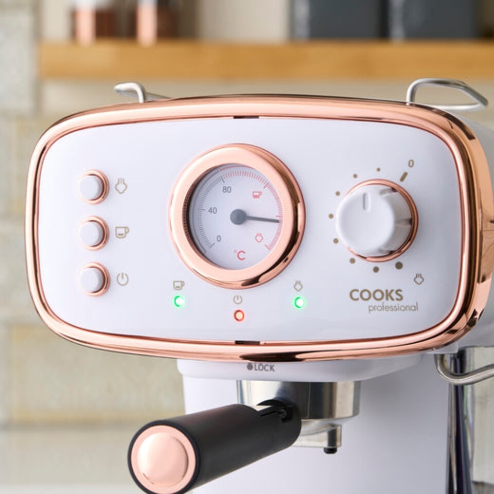 image 1 of Cooks Professional 15-Bar Retro Espresso Coffee Machine 1.2L with Frothing Steam Wand | White | White & Copper
