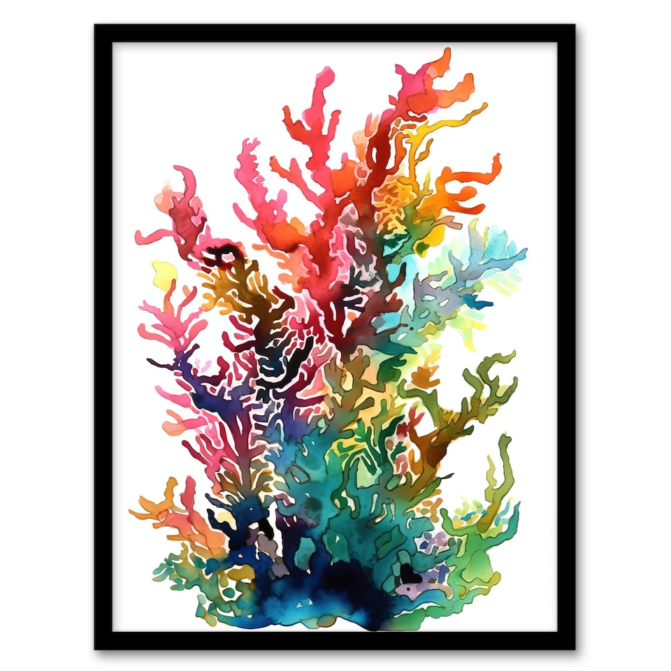 image 1 of Seaweed Corals Vibrant Watercolour Rainbow Black Framed Wall Art Print A4