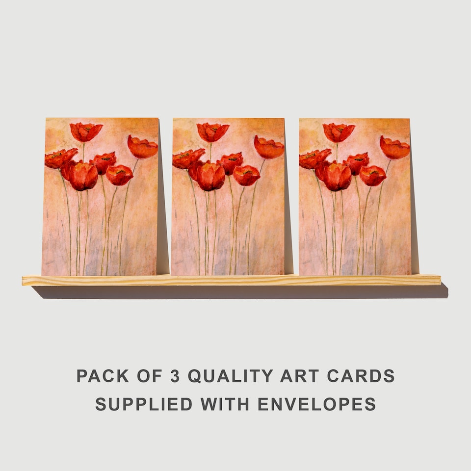 image 1 of Red Poppies Painting Greeting Card Floral Artwork Any Occasion Set of 3 Blank
