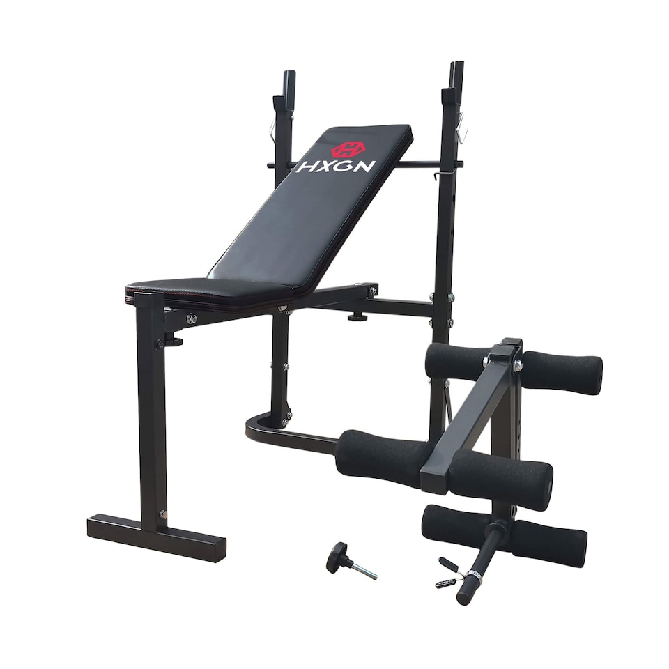 image 1 of HXGN Adjustable Barbell Bench with Leg Developer, Folding 4-Position Incline, 6 Foam Rollers (18 kg) | Black | RED | 18.0KILOGRAMS