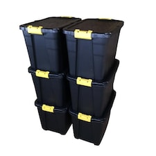 6 x 60L Heavy Duty Storage Tubs Sturdy, Lockable, Stackable and Nestable Design Storage Chests with Clips in Black