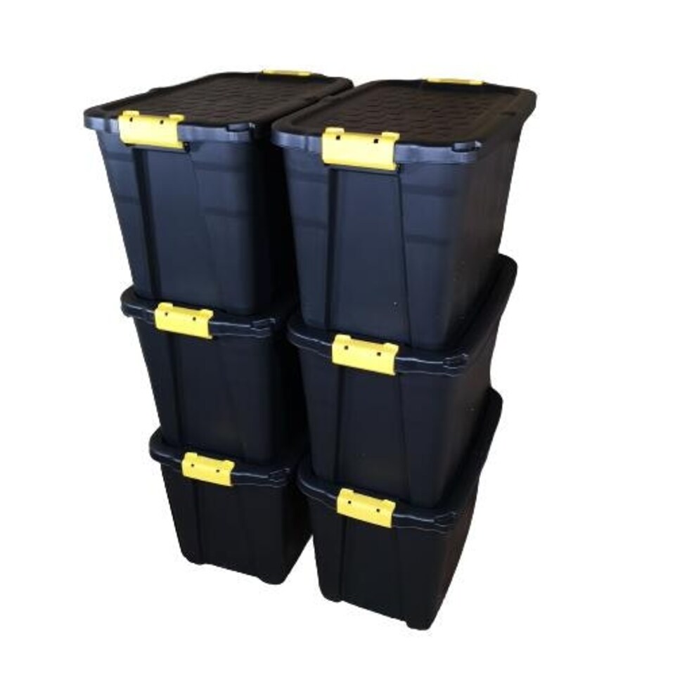 image 1 of 6 x 60L Heavy Duty Storage Tubs Sturdy, Lockable, Stackable and Nestable Design Storage Chests with Clips in Black