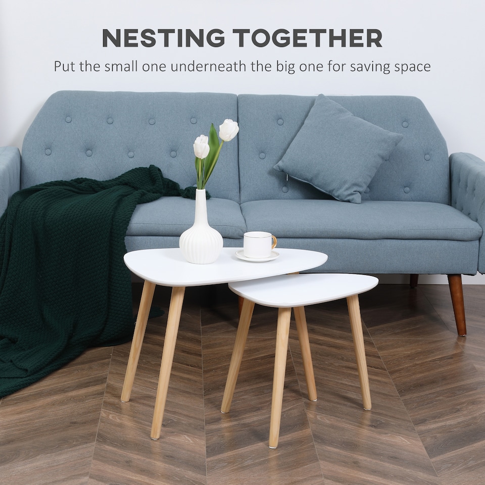 image 1 of HOMCOM Nesting Coffee Table, Set of 2 Side Tables, Stacking End Tables with Solid Wood Legs, for Living Room Bedroom, White | White