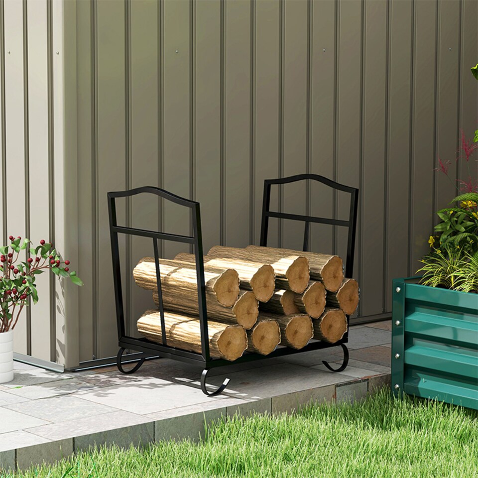 image 1 of Outsunny Metal Firewood Log Holder Indoor Outdoor Folding Firewood Rack Fireplace Wood Storage Shelf w Scrolls, RustResistant, Black, 48L x 34W x 37Hcm