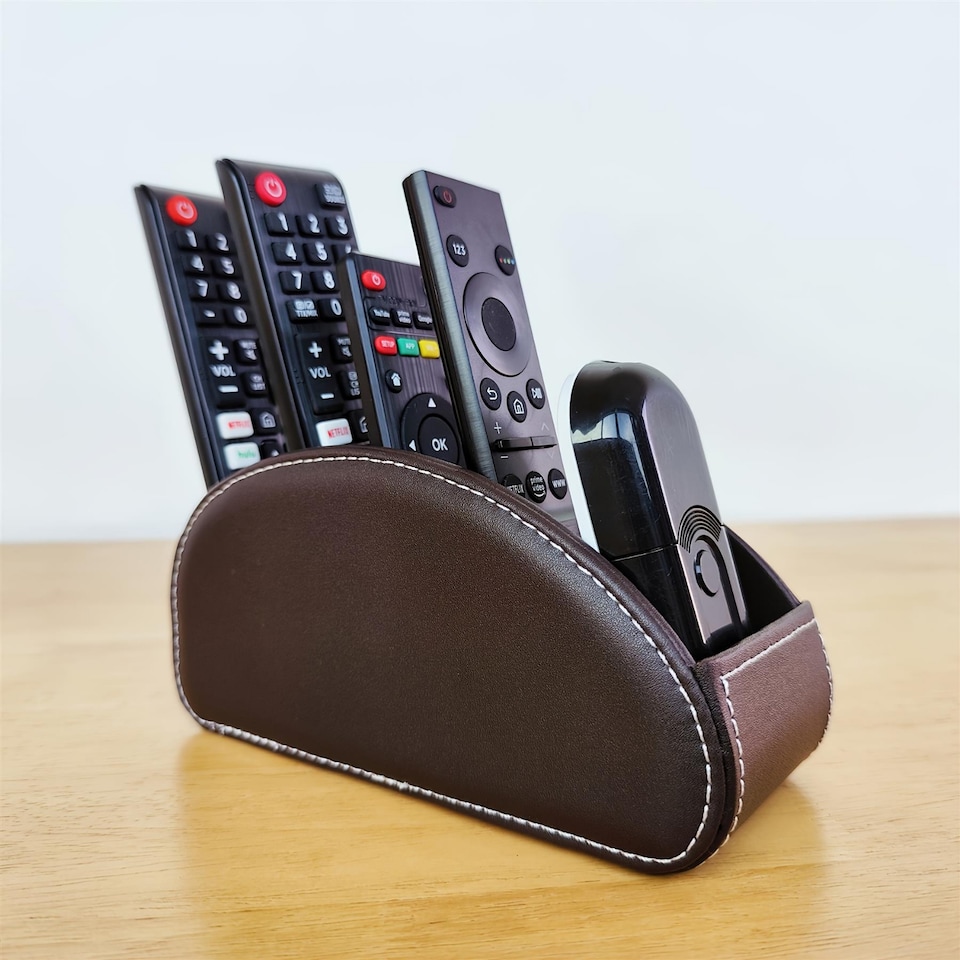 image 1 of Faux Leather Remote Control Holder 5 Compartment Desktop Organiser Brown