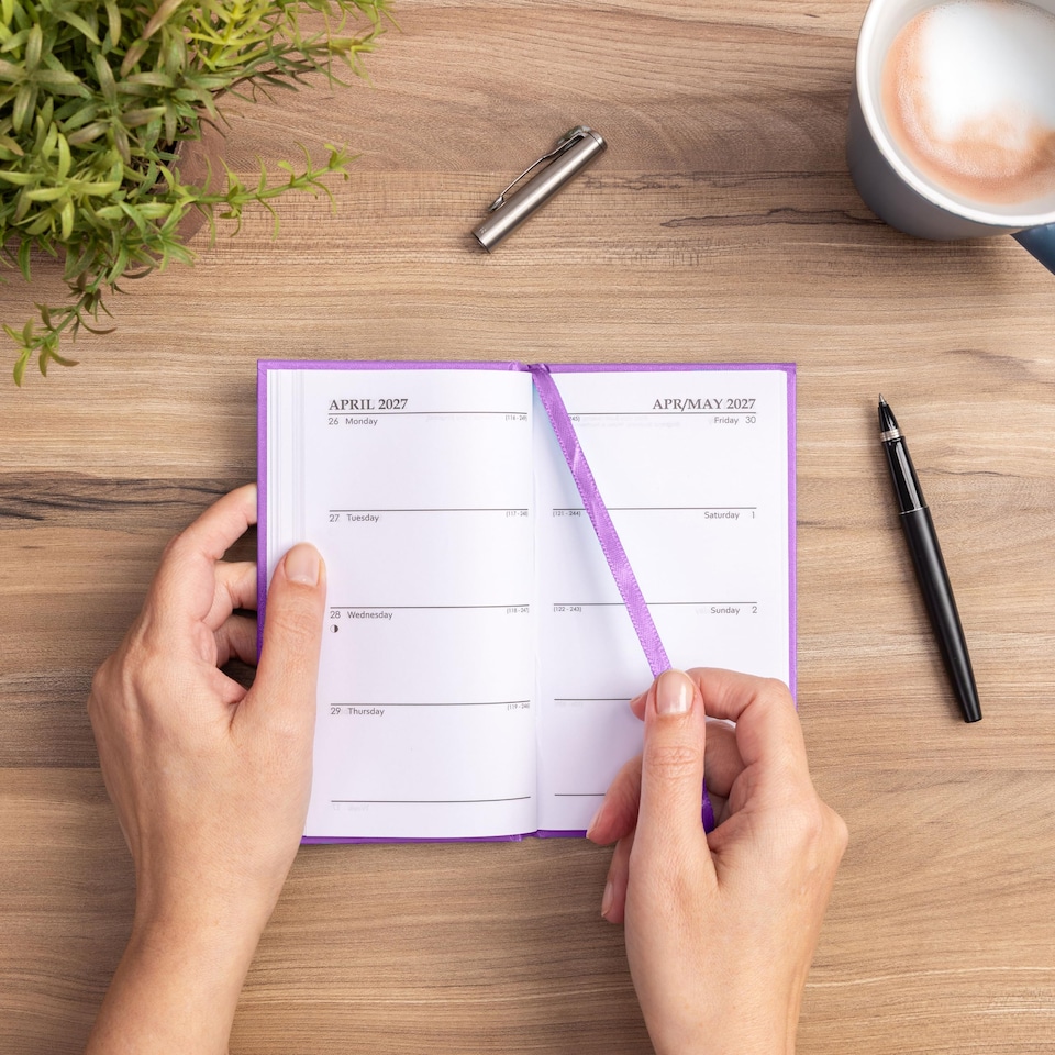image 1 of 2027 Diary Slim Size - Week to View Hardback Small Planner with Ribbon Bookmark - Premium 70gsm Paper Inside with UK Holidays, World Time Zones (Purple)