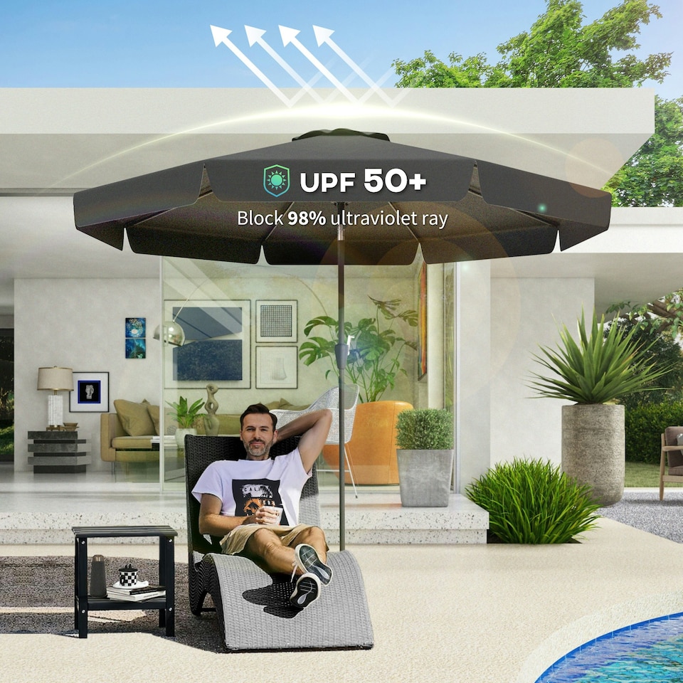 image 1 of Outsunny 2.7m Patio Umbrella Garden Parasol with Crank, Ruffles, 8 Ribs, Black