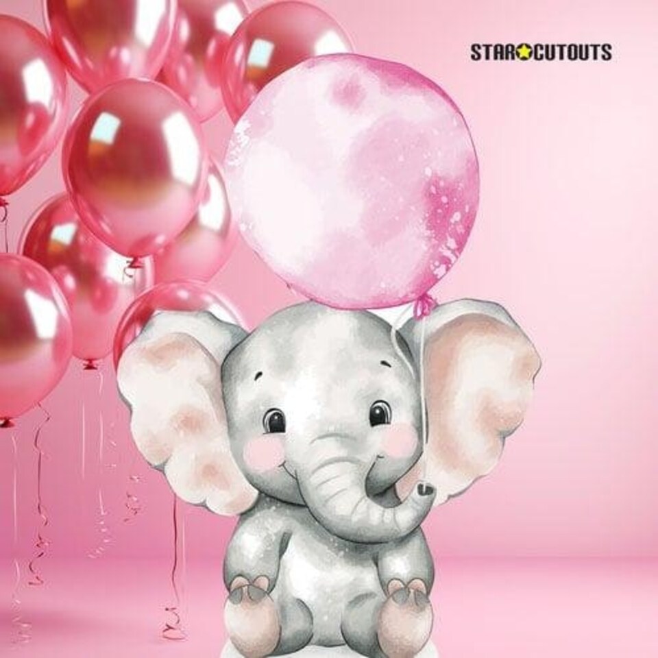 image 1 of Elephant with Pink Balloon Lifesize Cardboard Cutout 133cm Pink