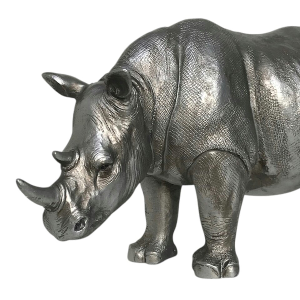 image 1 of 26cm Rhino ornament, heavy antique silver effect, great safari animal-lover gift