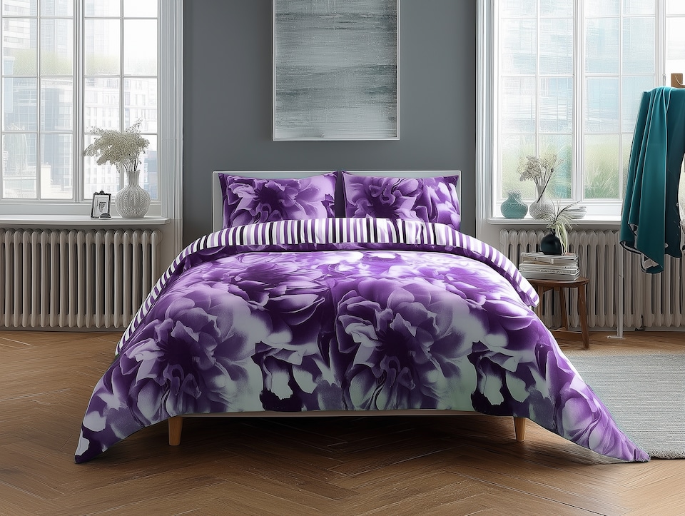 image 1 of Duvet Cover And Pillowcase Set Reversible Rose And Stripe Design Polycotton Bed Linen | Purple | Lilac | Single