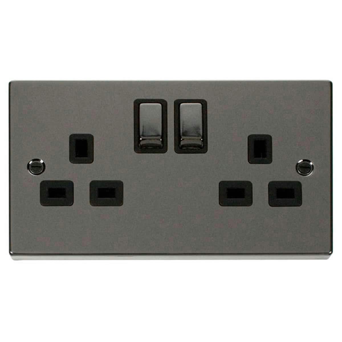 SE HOME Black Nickel 2 Gang 13A DP Ingot Twin Double Switched Plug Socket Black Black Nickel