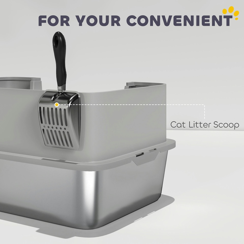 image 1 of PawHut Stainless Steel Litter Box with Scoop, High Sided Cat Litter Tray Grey | One Size