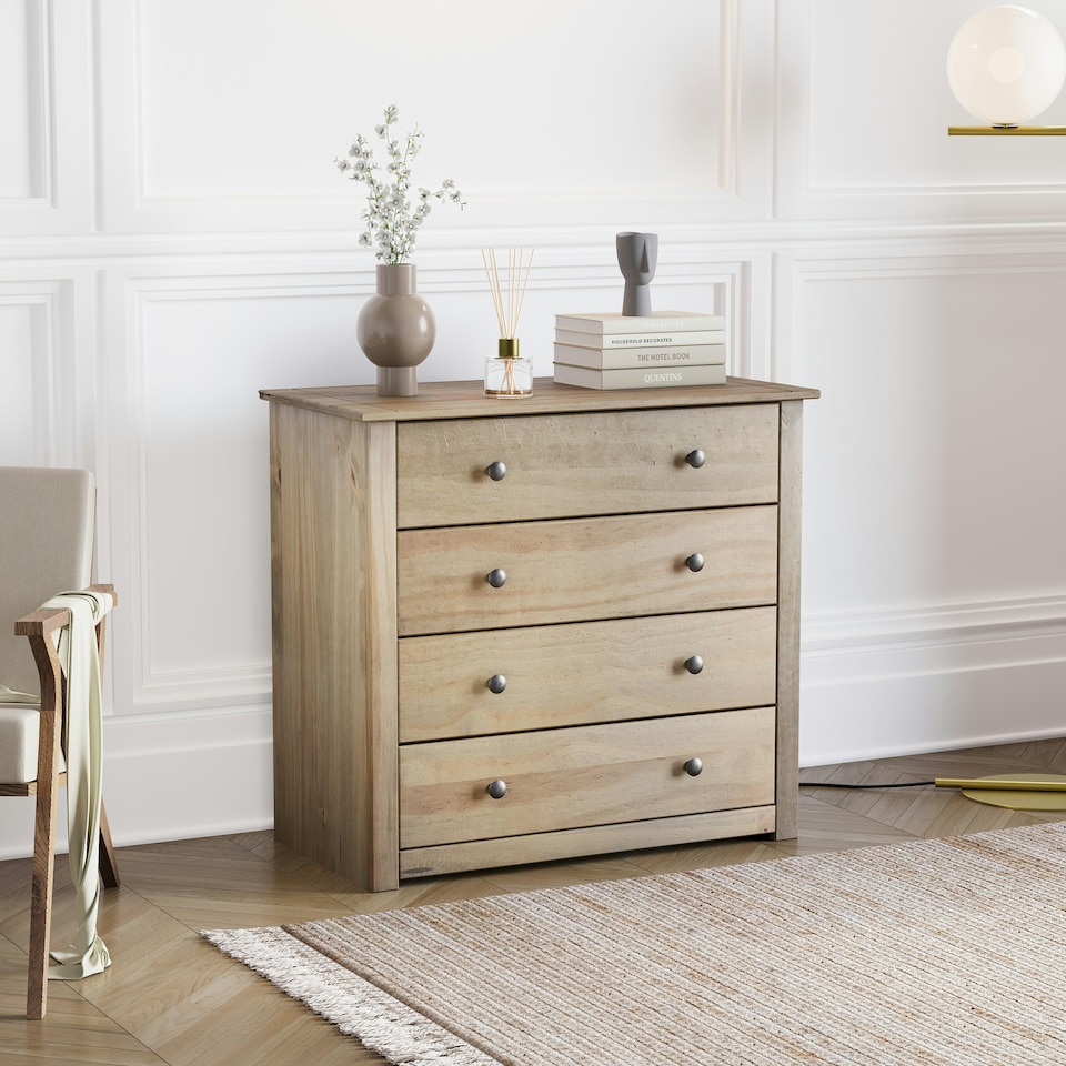 image 1 of Vida Designs Panama 4 Drawer Chest of Drawers Storage, Solid Pine Wood