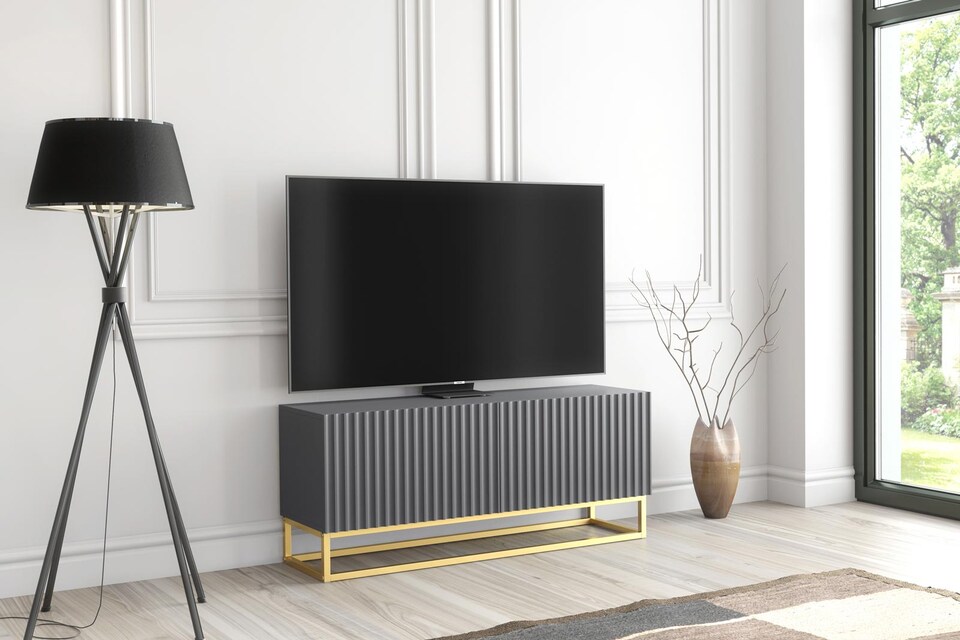 image 1 of TV Unit Stand Cabinet Sideboard Media Cabinet Storage Unit Grey Fluted Gold Base 100cm